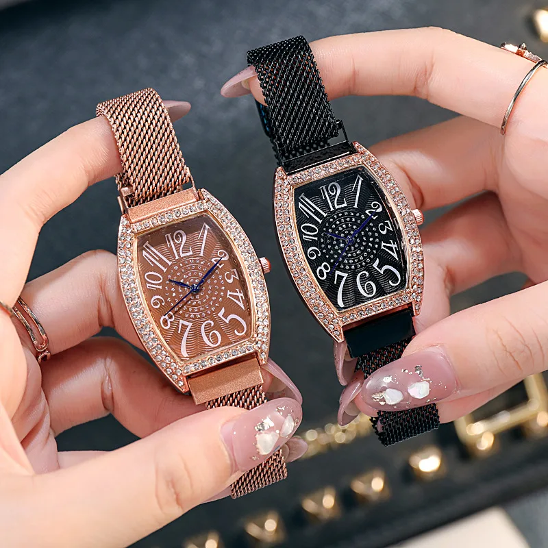 Womens Quartz Watch Diamond Studded Barrel Shaped Rose Gold Magnetic Mesh Strap Large Clear Numeral On Dial Fashion Ladies Watch
