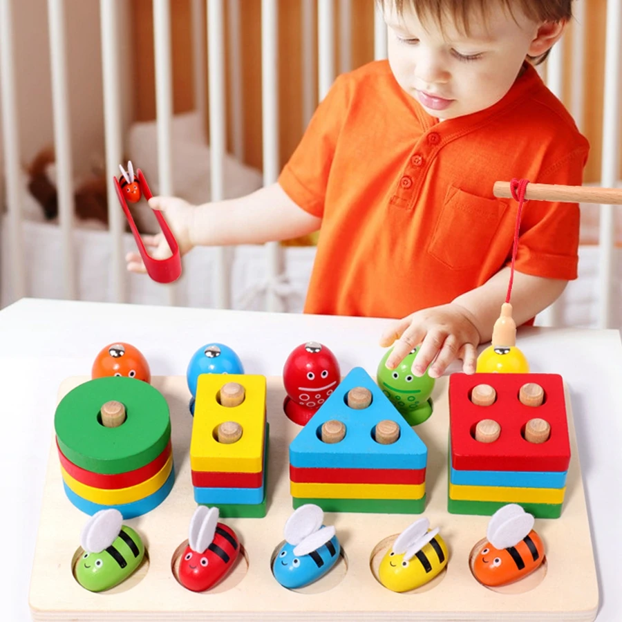 Montessori Wooden Fishing Clip Bee 3 In 1 Pillars Early Education Hand Eye Coordination Color Recognition Interactive Baby Toys