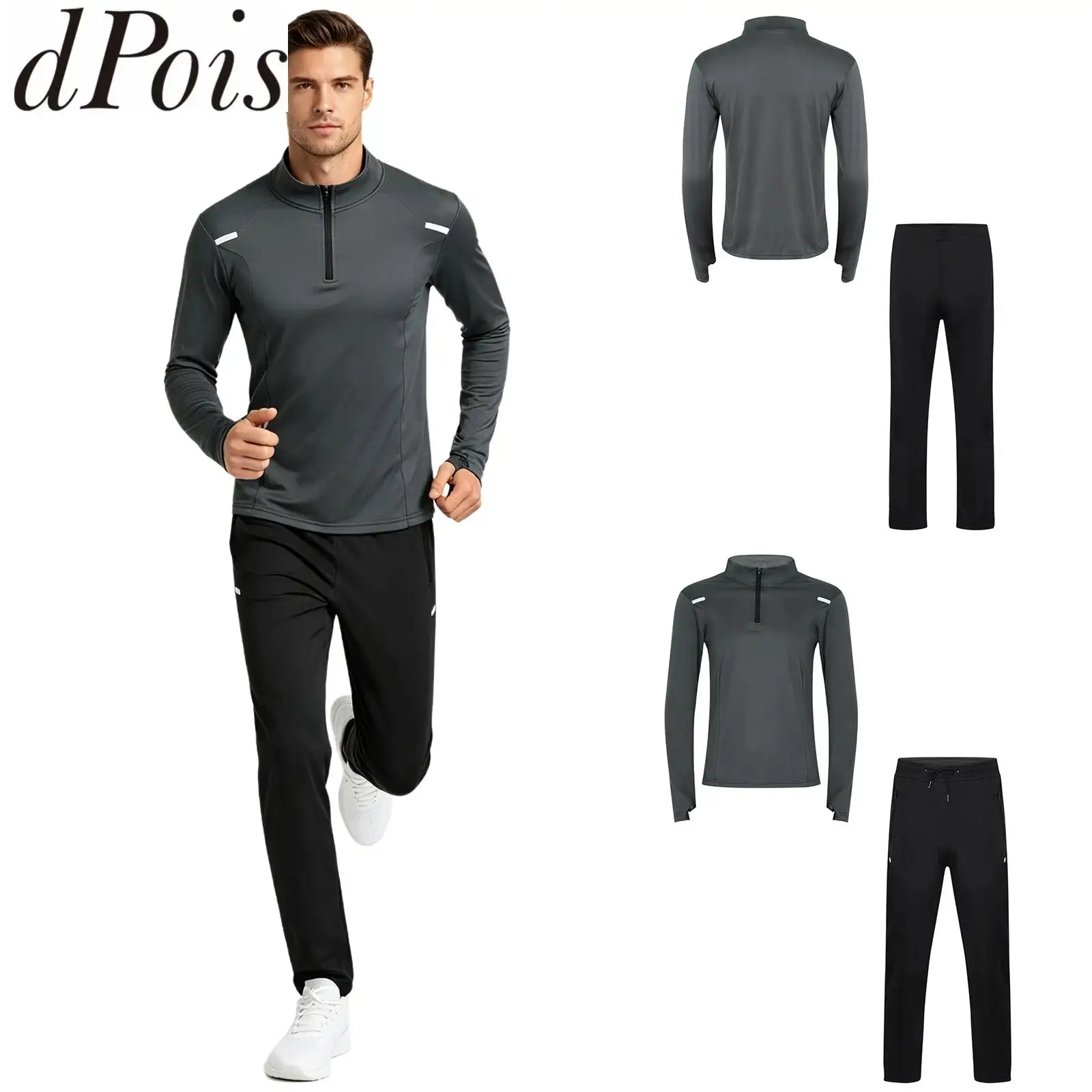 Men Quick-dry Sports Set Zip-up Long Sleeve Thumbhole Top with Drawstring Pants for Running Training Gym Fitness