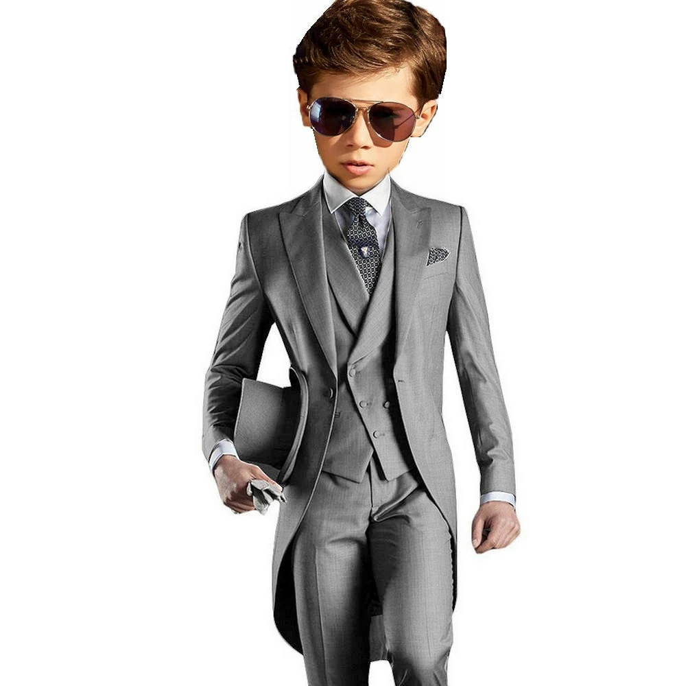 

Light Grey Boys Suits Long Tuxedo Jacket Pant Vest Tailcoat 3-Piece Suit Wedding Dress Kids Formal Business Blazer