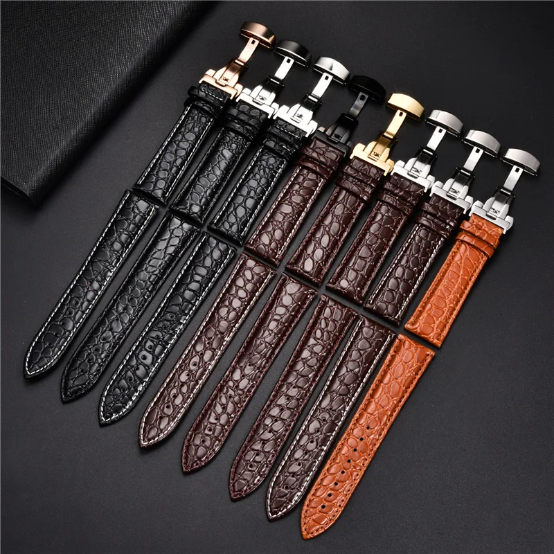 Crocodile Pattern Genuine Leather Watch Strap 17mm 18mm 19mm 20mm 21mm 22mm 24mm Leather Watchband with Box Butterfly Clasp