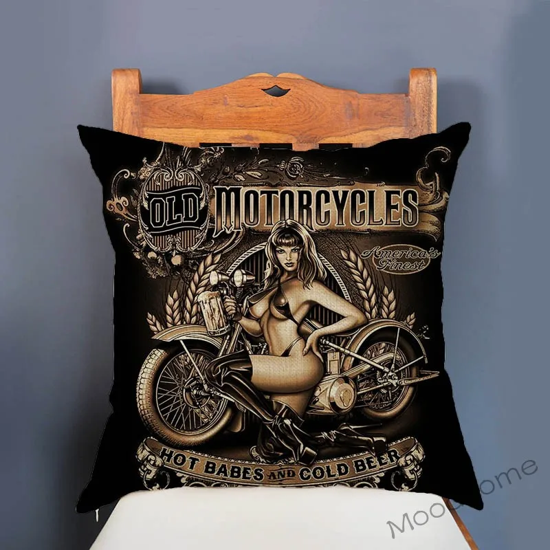 Vintage Sexy Girl Hot Babes Girls Motorcycle Poster Art Pillow Cover Retro Biker Motorbike Club Pub Bar Linen Cushion Cover Case
