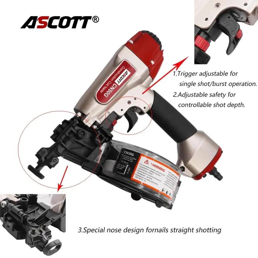 ASCOTT CN50G Pneumatic Coil Nailer 15 Degrees Flat Plastic Sheet Collated Nail Gun for Sheet, Gypsum Boards, Wood Boards