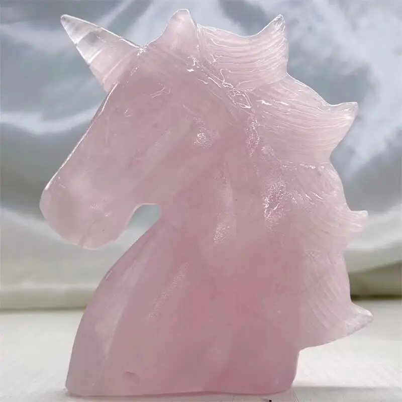 

12CM Natural Rose Quartz Unicorn Carving Powerful Animal Healing Office Desktop Furniture Home Decoration 1pcs