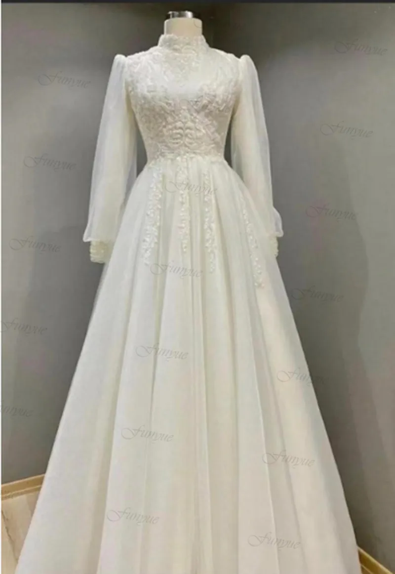 فساتين زفاف Funyue أنيقة عاجية فيستدو دي نوفيا بأكمام طويلة دانتيل مطرز على شكل حرف a تول دبي فساتين العروس المسلمة صور حقيقية