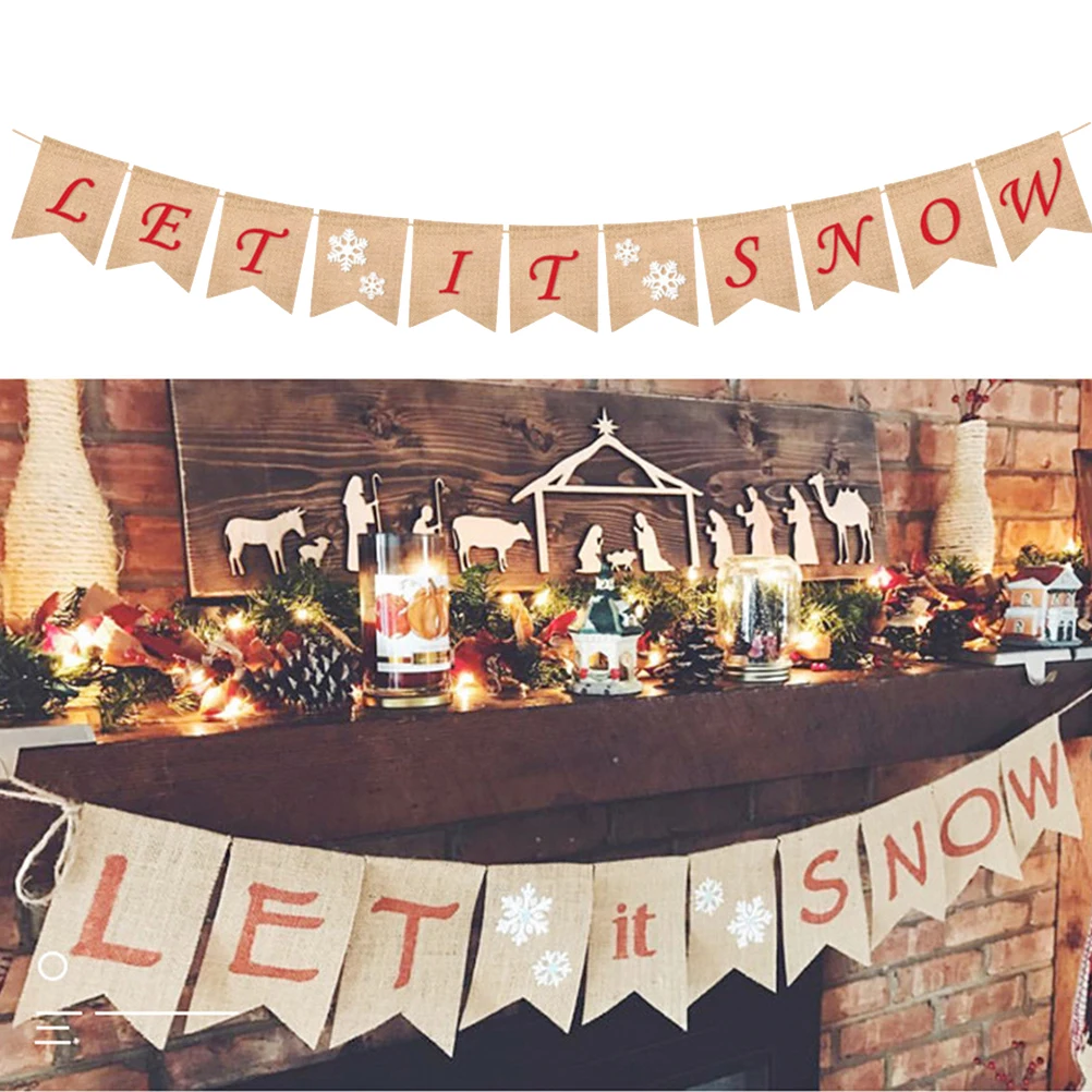 

Let It Snow Letters Bunting Party Decoration Snowflakes Linen Burlap Banner Flag Winter Party Bunting for Indoor Outdoor