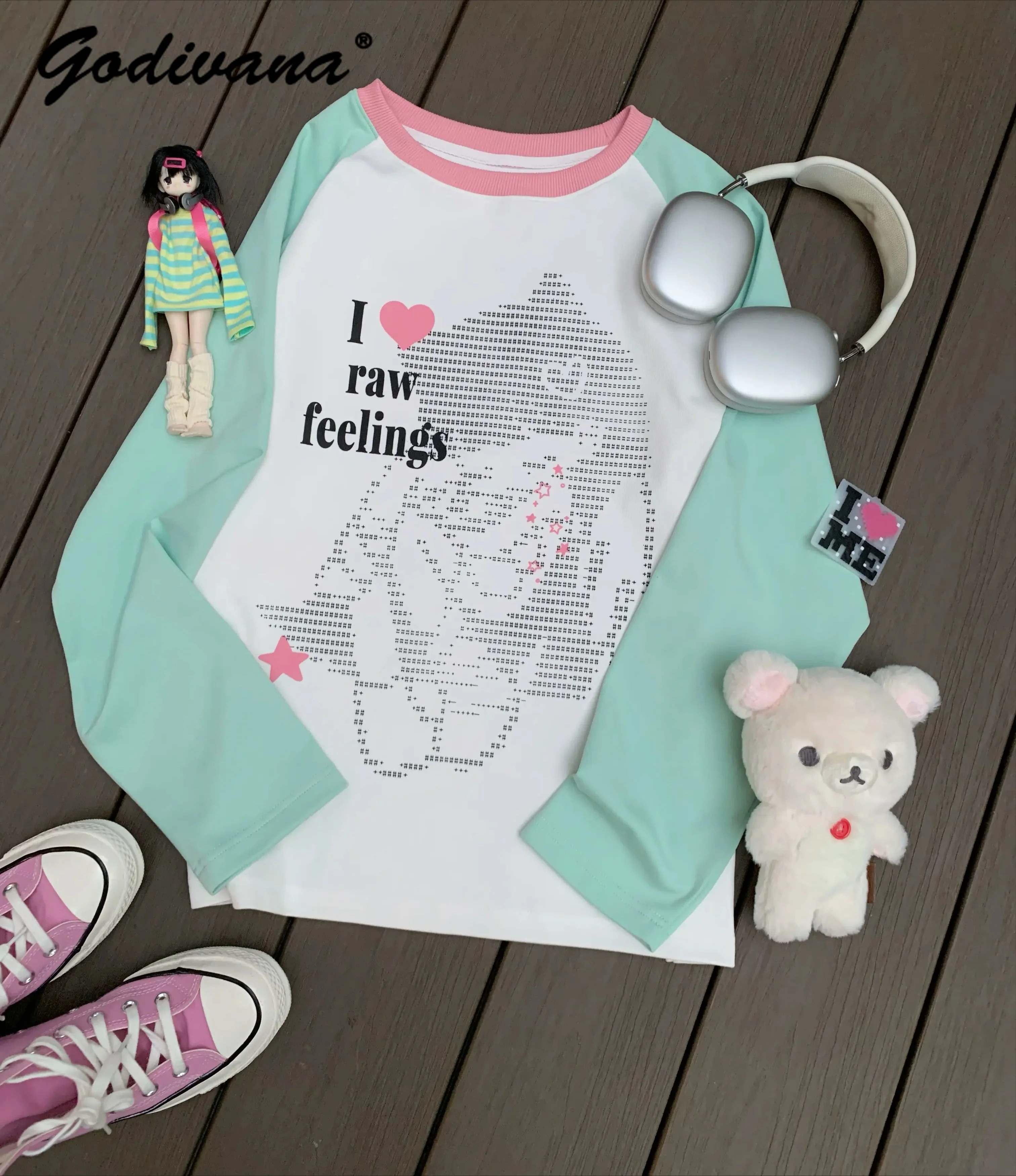 Women Girl Autumn Winter Pixel Angel Print Pink Green T-shirt Raglan Sleeve Cute Y2K Long Sleeve Inner Top Pullover Blouse