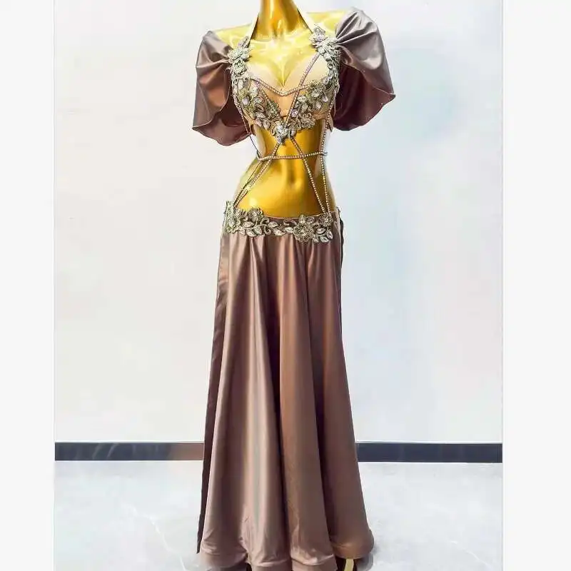 

BellyDance Costume Women's Customization Senior AB Stones Bra+Sexy Split Long Skirt 2pcs Oriental Dance Performance Costumes