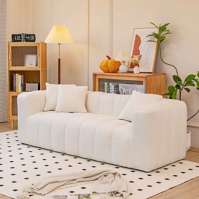 Cream wind lamb wool sofa small apartment living room fabric simple apartment double triple Internet celebrity marshmallow sofa