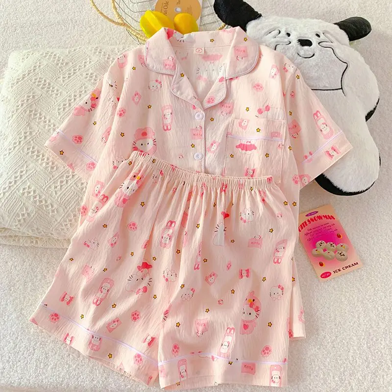 

Sanrio Hello Kitty женский сексуальный пижамный комплект для сна Kawaii мультфильм летняя одежда для сна шорты с короткими рукавами ночная рубашка домашний костюм новый