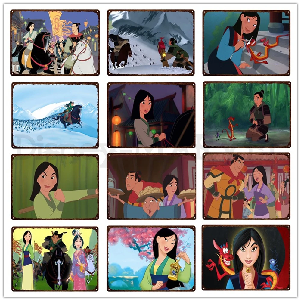 Disney Metal Tin Sign Mulan Film Plate Cartoon Character Posters Vintage Disneyland Metal Sign Painting Wall Plaque Home Decor