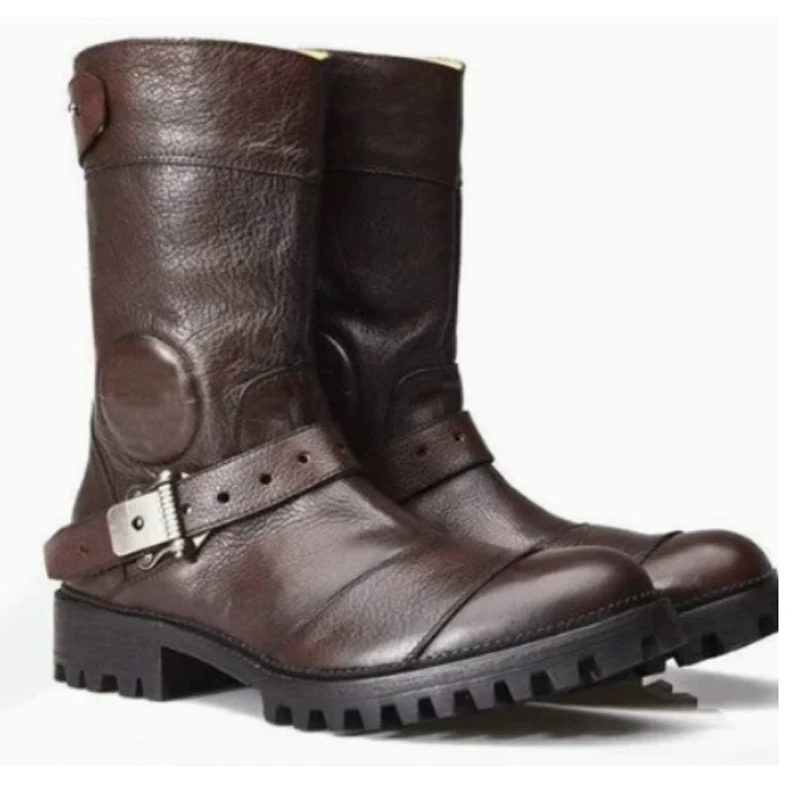 Brown Buckle Strap Non-Slip Casual Mid-Calf Boots Men Winter 2026 Thick Sole Chunky Heels Fashion Retro Boots Man's Shoes