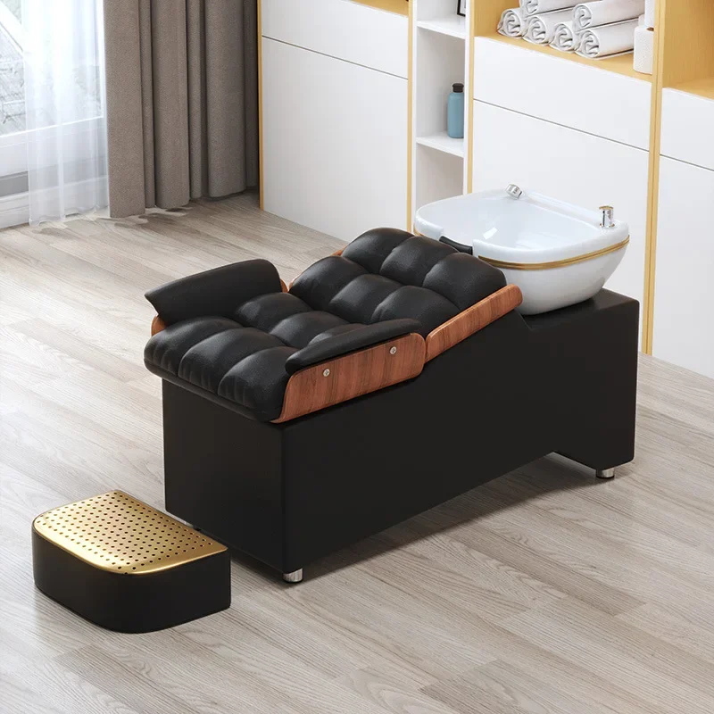 Barber Shop Shampoo Bed Modern Simple Style Leather Material Hairdressing Semi-Reclining Bed Hair Care Foot Stool Beauty Shop