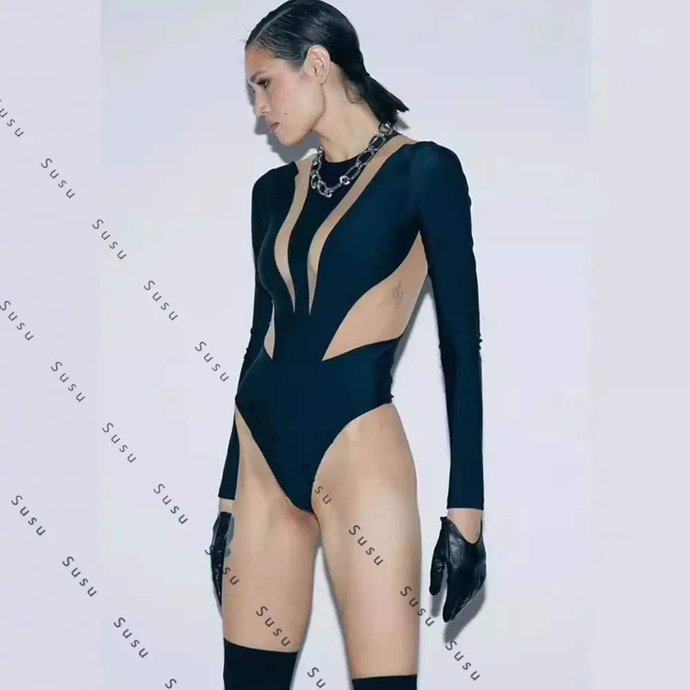 2025 신상 유럽 및 미국 여성 의류 메쉬 스티칭 섹시 시스루 라운드넥 긴팔 슬림핏 허리 패셔너블 베