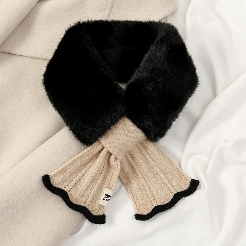 2024 New Winter Fur Ring Scarf Woman Rabbit Fur Scarf Knit Cross Neckscarf Warm Thick Scarves Outdoor Neckwear Soft Neckerchief