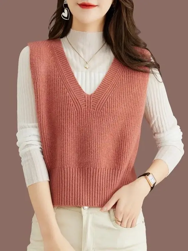 Fashionable Pure Color V-Neck Sweater Vest Women's Small Size Spring Autumn Winter Outerwear Commute Style Warmth Protection