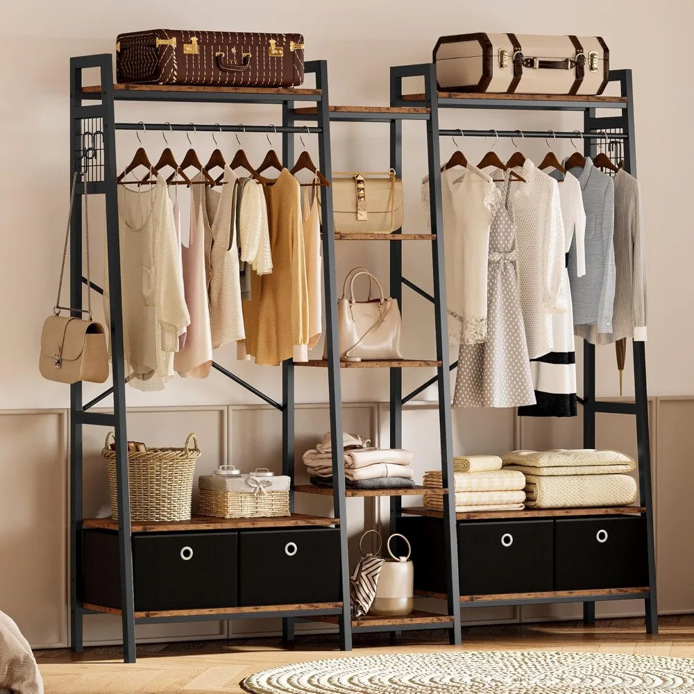 

Garment Rack and Storage Shelves, Heavy Duty Closet Rack with Hanging Rods,4 Drawers, T Shaped Coat Rack Closet Organizer