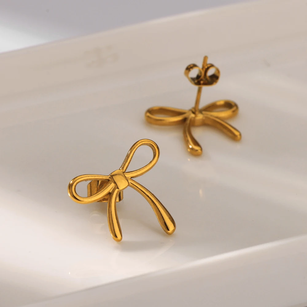 Bow Knot Earrings for Women Gold Color Stainless Steel Tie Stud Earrings 2025 Trend Femme Waterproof Party Jewelry Gifts aretes