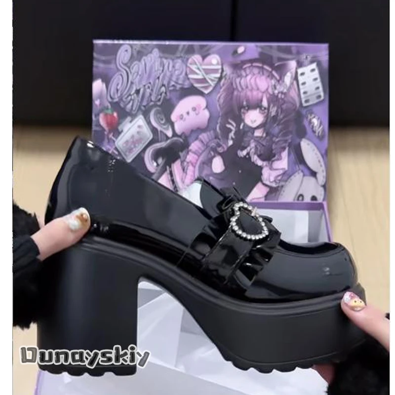 

HCos%COSPLAY Jirai Kei Lolita Loafer Shoes Rhinestone Heart Japanese Basic Black Leather Lolita Cute Mine Style Kawaii Y2k