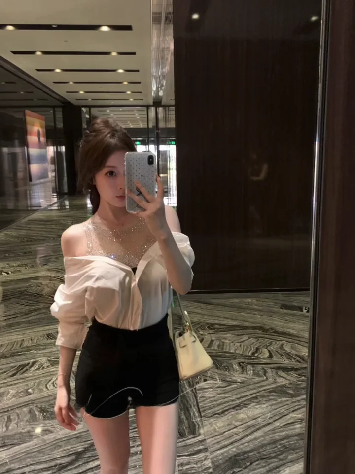 

Романтичный топ с одним открытым плечом, украшенный стразами, с длинными рукавами, сетчатый, с разрезом на плече, женский, деловой повседневный стиль, свободный крой