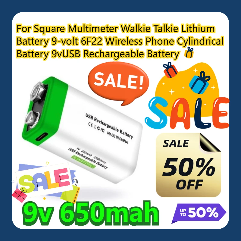 

For Square Multimeter Walkie Talkie Lithium Battery 9-volt 6F22 Wireless Phone Cylindrical Battery 9vUSB Rechargeable Battery
