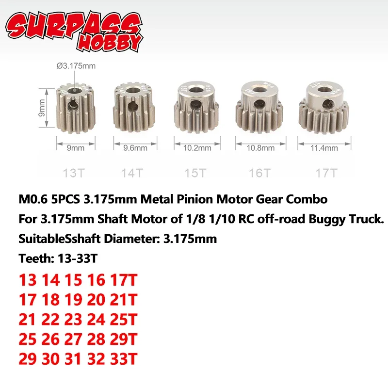 SURPASS HOBBY 5PCS 32DP 48DP 64DP M0.6 3.175mm Metal Alumínio Pinhão Motor Gear Set 12T-50T para 1/10 RC Car Truck Buggy Car