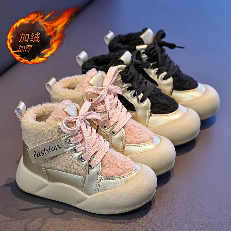 

Зимняя непромокаемая хлопковая обувь из искусственной кожи, трендовые модные подростковые детские бархатные ботинки, зимняя обувь, плюшевые зимние сапоги для детей