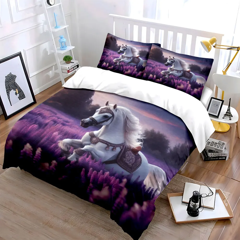 White Horse Lavender Set Decor Multiple sizes kid's and adults' bedroom Exquisite 3PC bedding set, gift