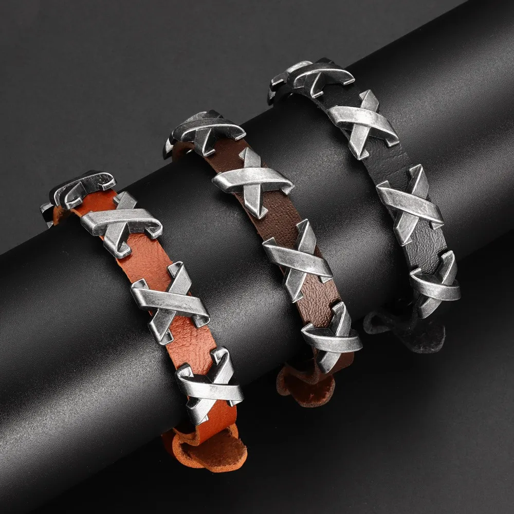 New Trend Retro Leather X Nail Bracelet Charming Men's Bracelet New Fashion Jewelry Hip Hop Punk Accessories Party Gift