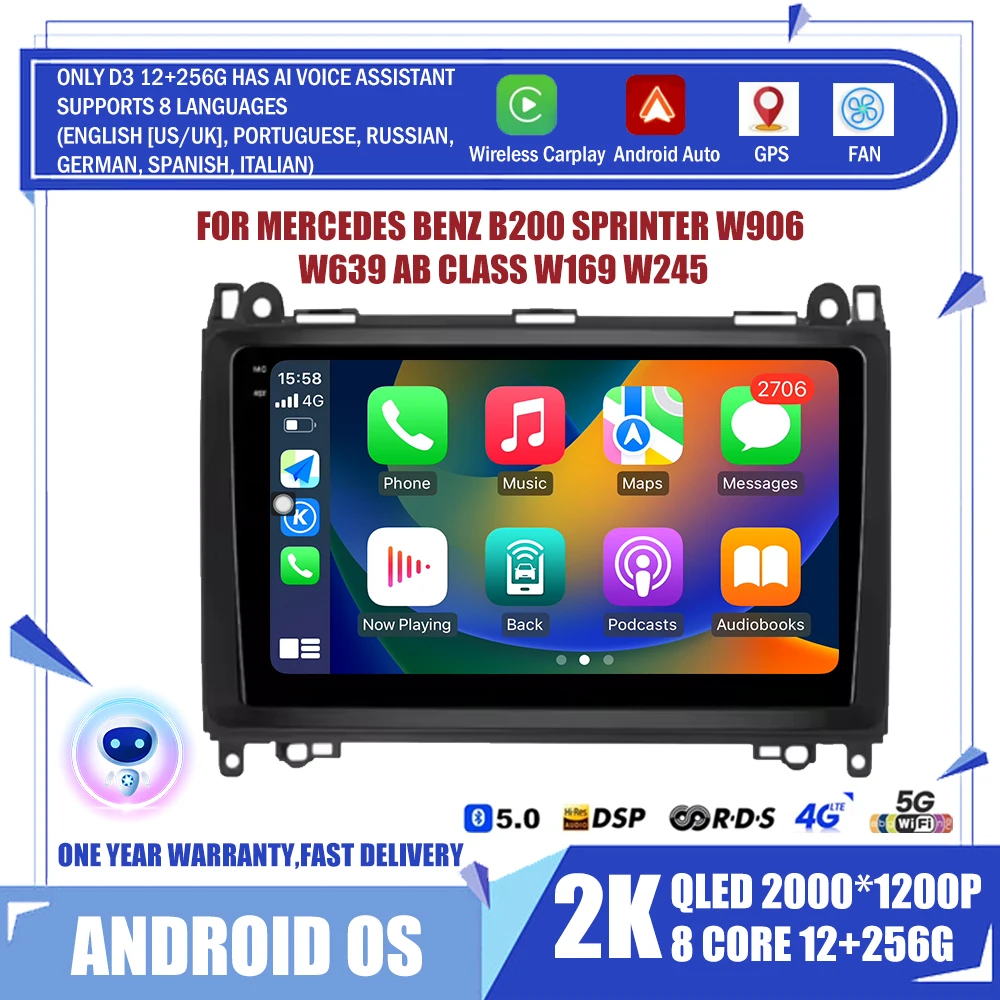 Android 14 9'' For Mercedes Benz B200 Sprinter W906 W639 AB Class W169 W245 Viano Vito Car Radio Multimedia GPS DVD Video Player