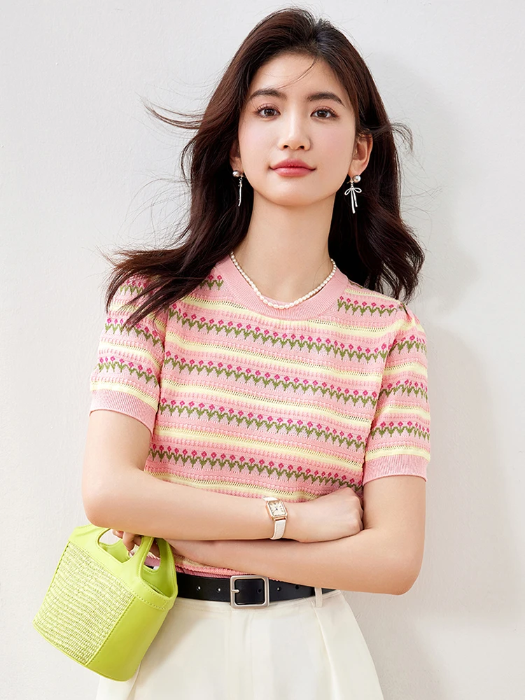 2024 New Women\'s Summer Basic Short Sleeve T-shirts Casual Versatile Slimming Round Neck Striped Knitting T-shirt Tops