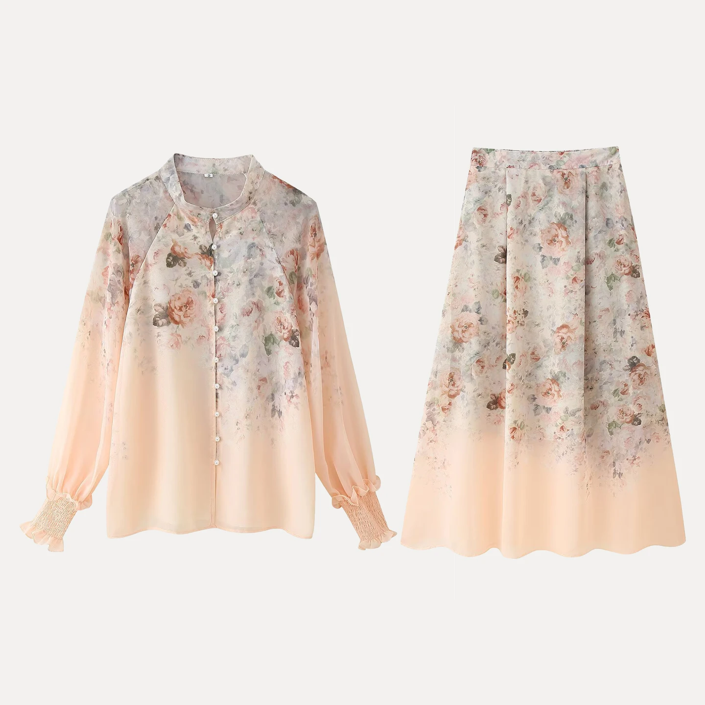 花柄プリント長袖シャツとハーフスカートセット レディースファッション ボタンアップネックライン服 秋 2025 Zブランド