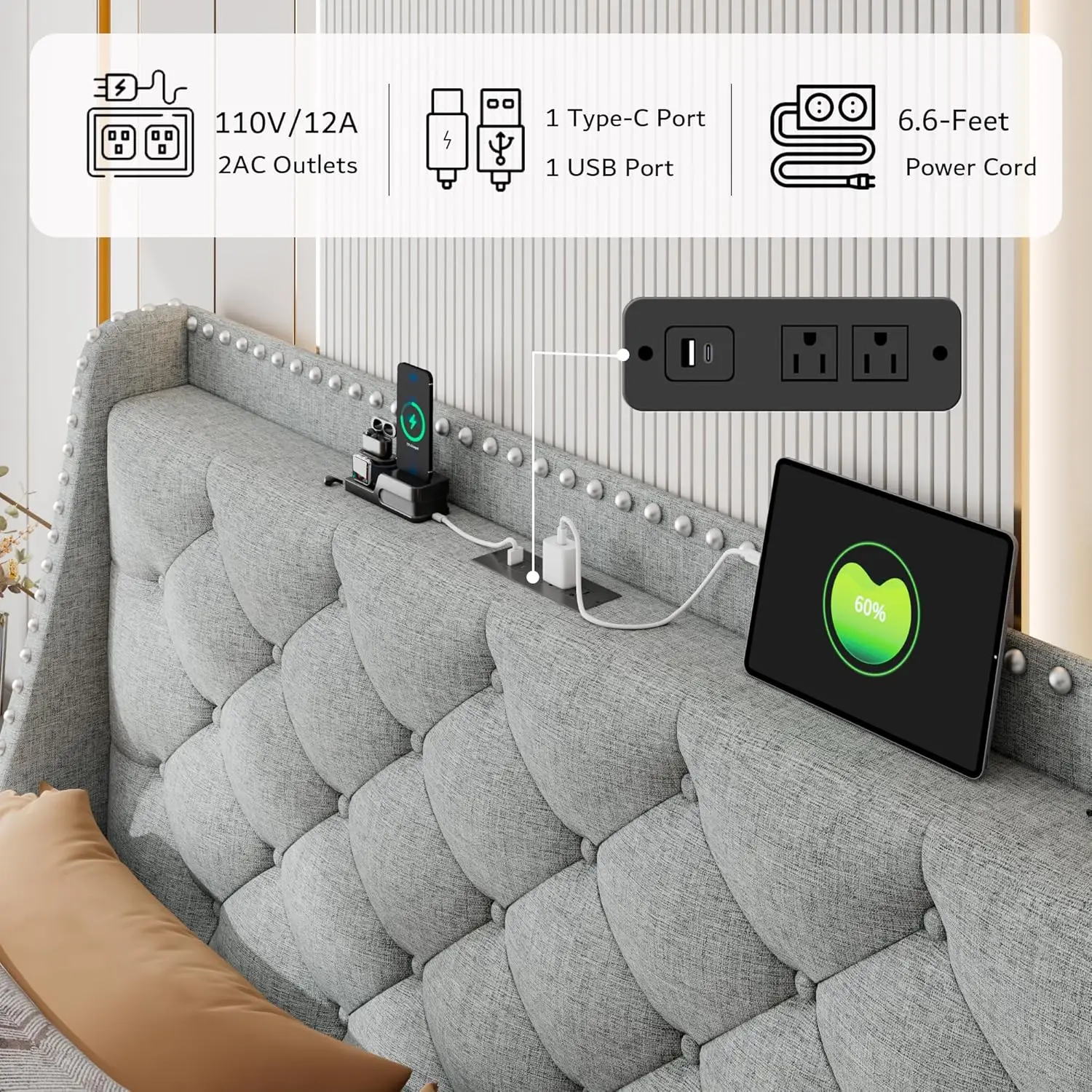 Wide Wingback Headboard with Sturdy Legs, 2 Portas USB, Carregamento Rápido 20W, Nenhuma Caixa de Mola Necessária, 16 in, 7 in, 12 in