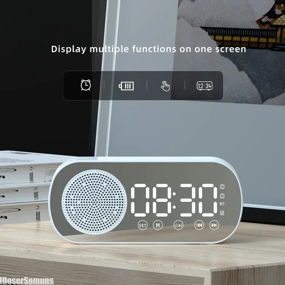 Clock Speaker Bluetooth Gift Alarm Smart Heavy Bass Desktop Small Mini Mirror Digital Rechargable Wireless Radio Subwoofer LED