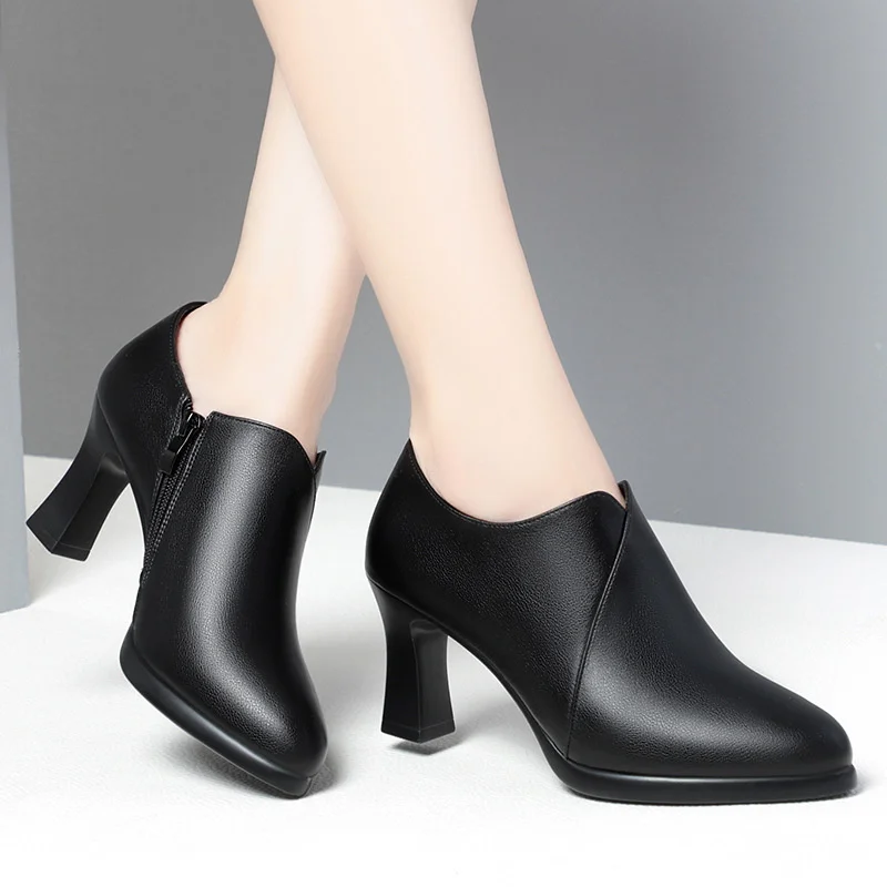 Spring Autumn Fashion Block Heel Deep Mouth Woman Pumps Soft Leather Shoes High Heels Solid Office Party Shoes