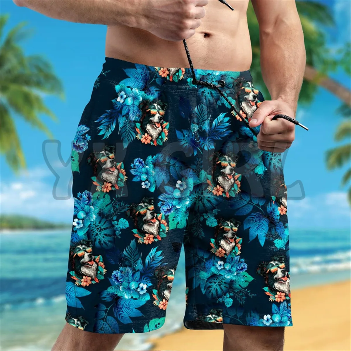 Border Collie Dog Wearing Sunglass Funny Hawaiian Shirt 3D Printed Hawaiian Shirt+Beach Shorts Summer Tops