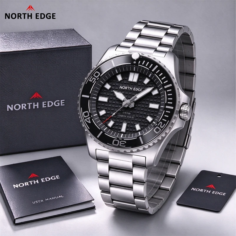 NORTH EDGE ABYSS Men Solar Powered Diving Quartz Luxury Watch 200M Waterproof Dive Sports Watches 316L Steel Case 180+ Day Power