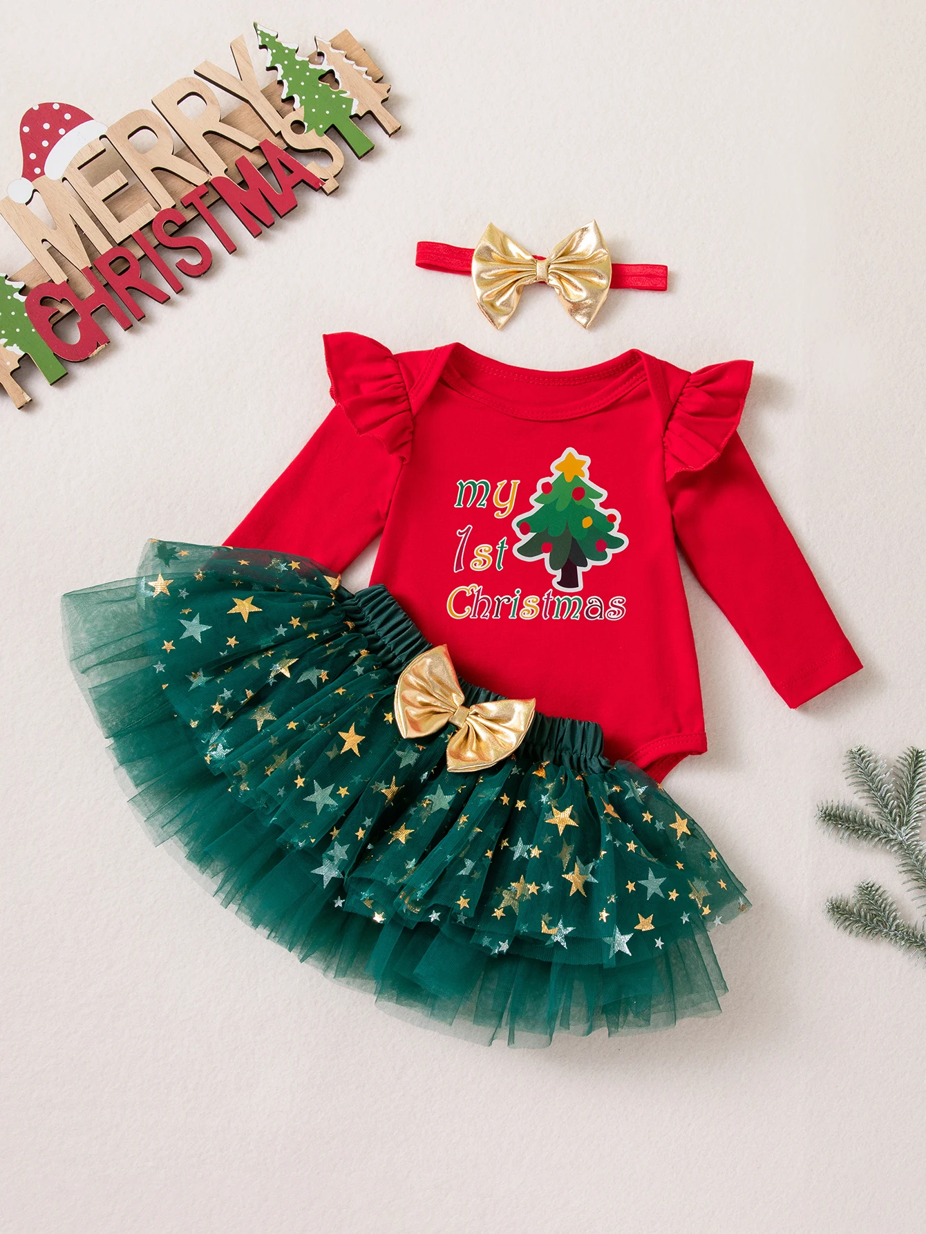 My First Christmas Baby Girl 3Pcs Outfit Ruffle Romper Star Tulle Tutu Skirt Bow Headband Infant Xmas Party Costume