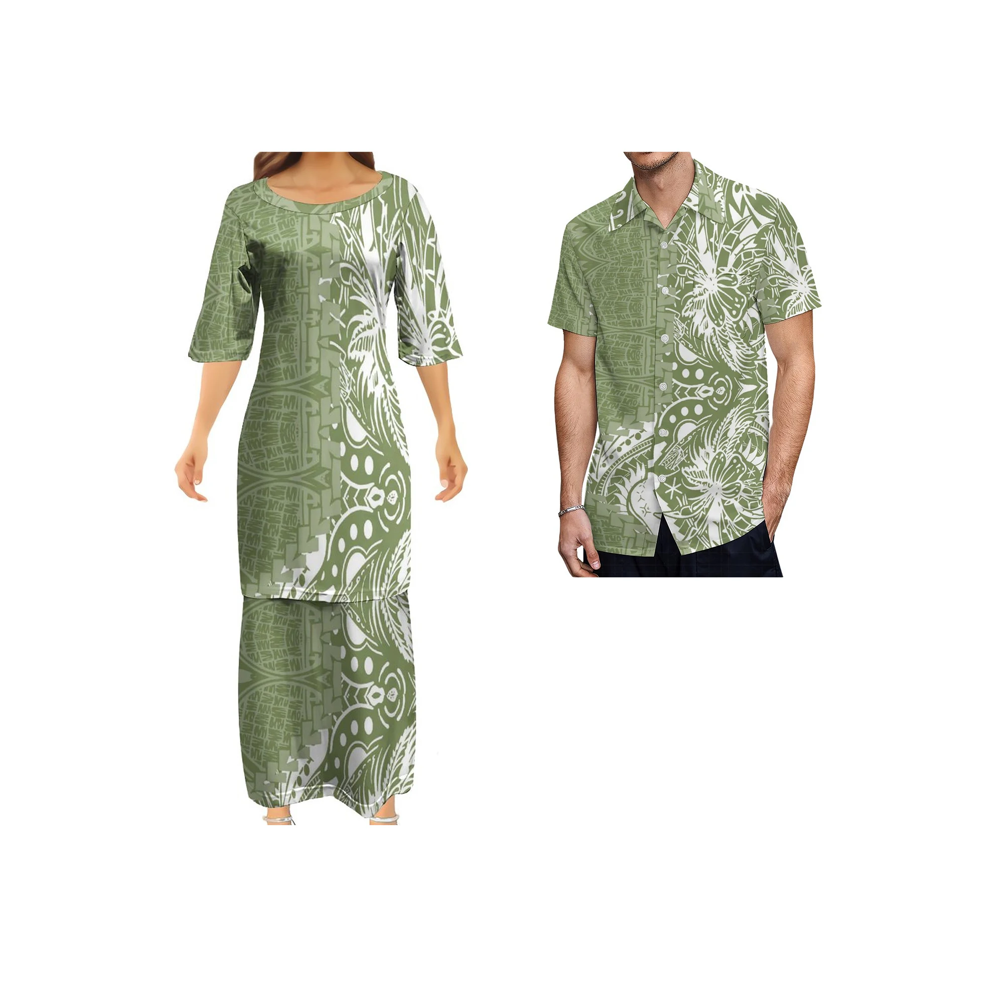 Hawaii Island Style Crew Neck Samoa Puletasi Dress Ptaha Womens Dresses Match Men Shirts Polynesian Couples Clothing