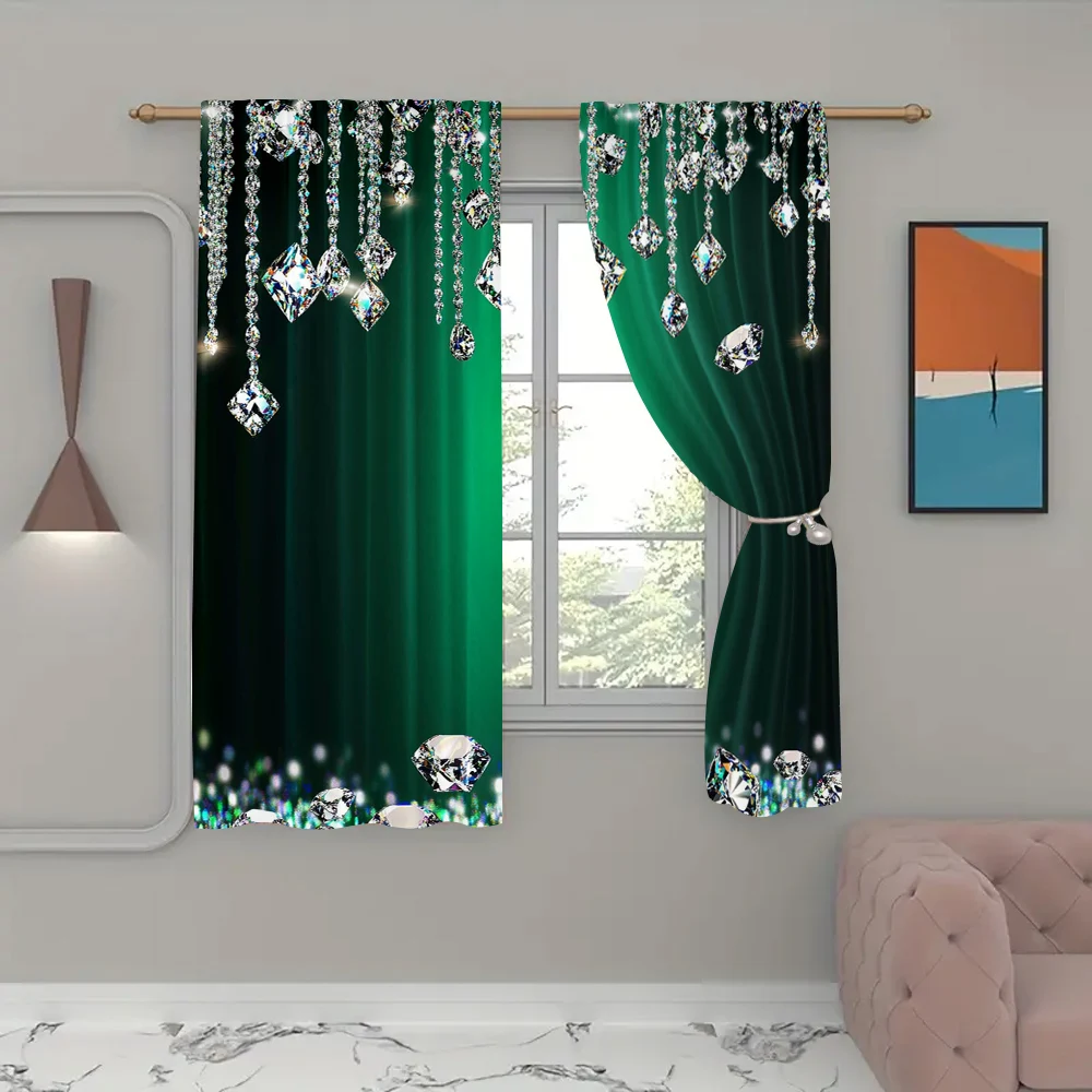 2Pcs Diamond Curtain Deep Green Shiny Drips Decor Emerald Green Luxury Texture Colorful Modern Polyester Curtain_ai13