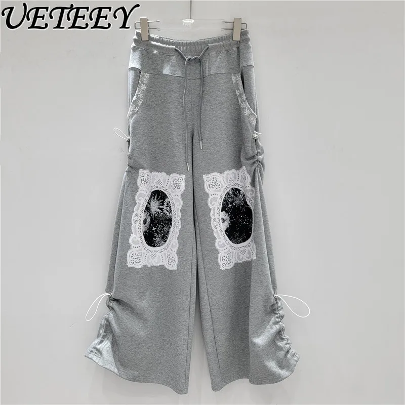 

2025 Spring Autumn New American Spice Girl Style Slim and Thin Versatile Lace Splicing Casual Pants Women's Trend Trousers