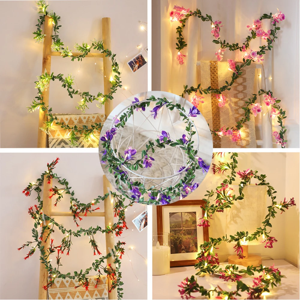 Battery/USB Operated Rose Flower String Light Green Leaf Garland Lamp Floral Holiday Lighting Leaves Fairy Light for Wedding