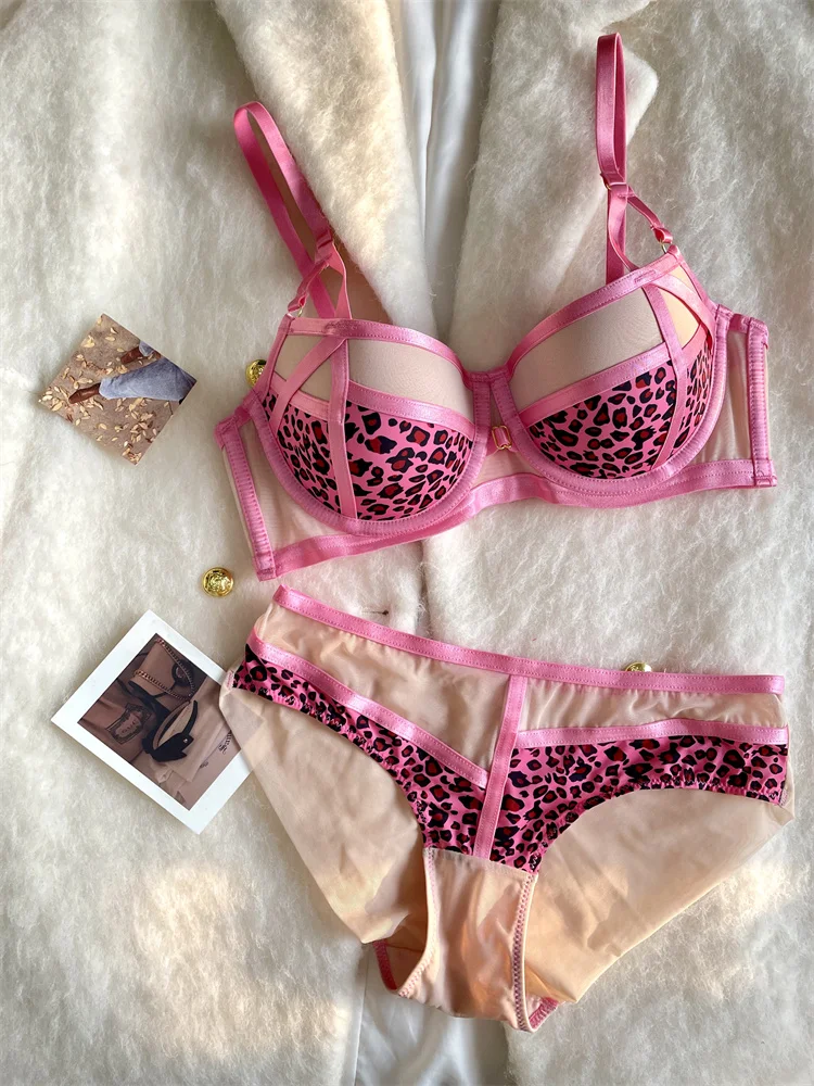 Sexy push up lingerie show large underwear female not empty cup leopard print on the thin under the thick bra set