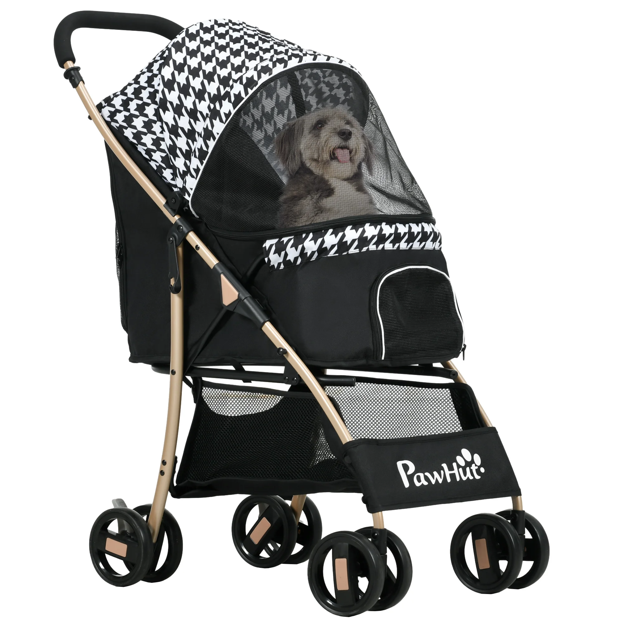 Pawhut huisdierwagen met 2 deuren gaas raam opbergmand veiligheidstouw 80 x 44,5 x 97 cm zwart