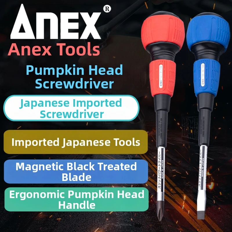 ANEX Brand, Japan Imported Gourd-Head Screwdriver, Phillips PH2 / Slotted 5.5/6.0mm, Round & Square Shank