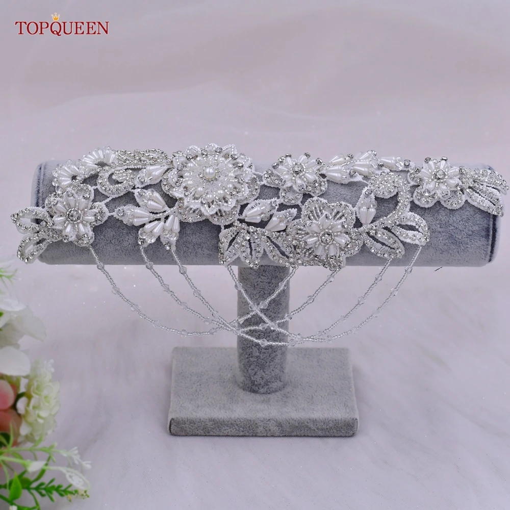 TOPQUEEN S80 Bridal Decorative Waist Belt Wedding Dress Accessories Woman Fashion Sash with Silver Rhinestones Handmade Beaded