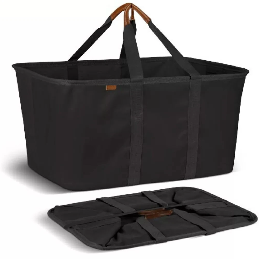 

50L Collapsible Laundry Basket with Leather Handles,Utility Large Travel Foldable Tote Bag with Hard Bottom for Beach,Grocery