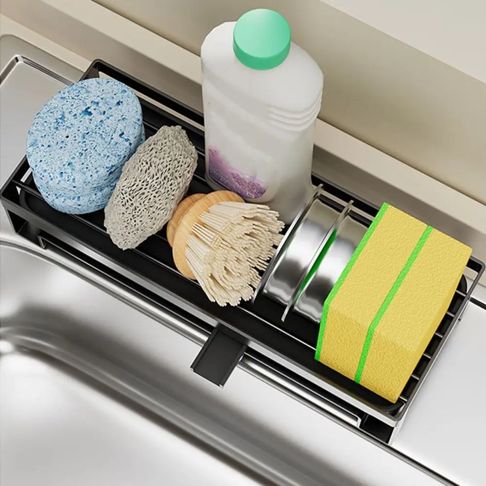 Stainless Steel Sink Drain Rack Black/Silver Waterproof Soap Sponge Holder Space Saving Self-Draining Cleaning Brush Organizer