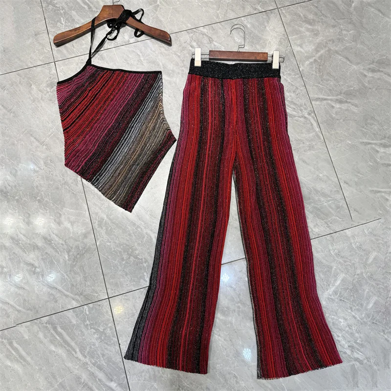 طقم نسائي مكون من قطعتين سروال نسائي جديد محبوك مرن بقصة ضيقة لصيف 2025 غزل معدني مخلوط بدون أكمام بدلة نسائية