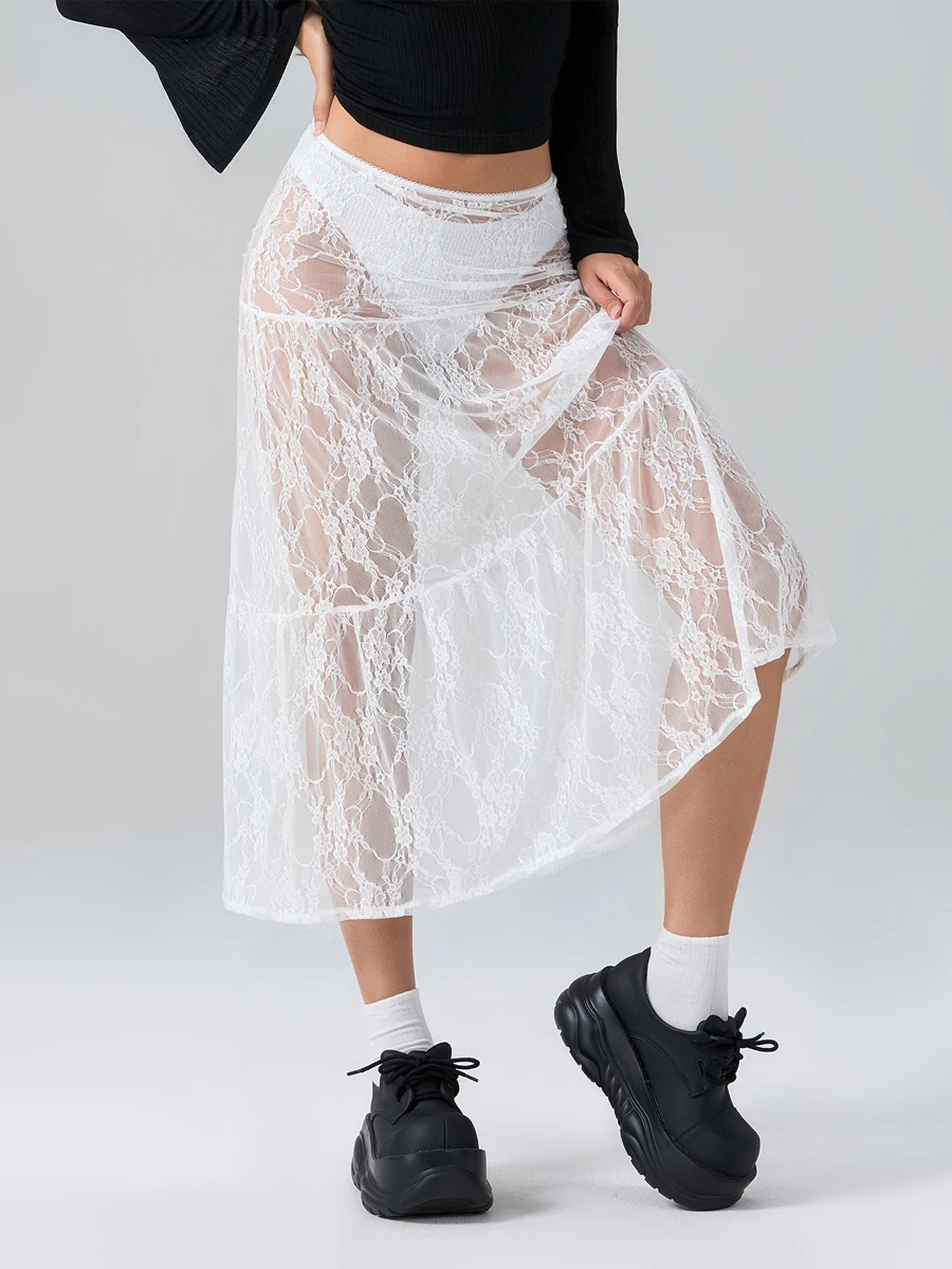 See-Through Lace Floral Sheer Midi Skirts for Women Summer Fall Low Rise Ruffled Hem A-Line Cover-ups Skirt for Swimsuit